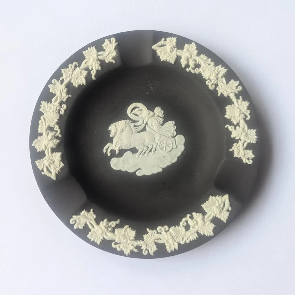 Wedgwood Two Different Jasperwood Ashtrays Black Green White Horse Light Wear - Picture 2 of 10